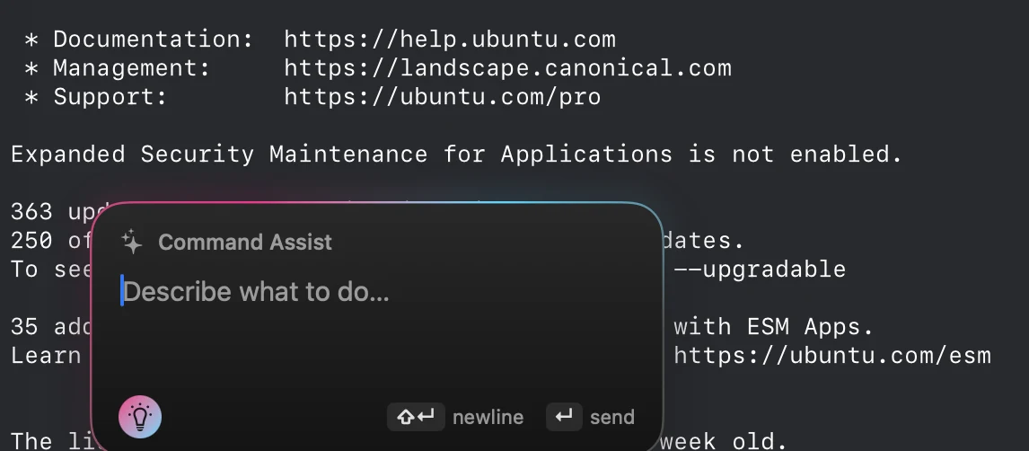 The Command Assist bubble floating over a terminal session, prompting “Describe what to do…”.