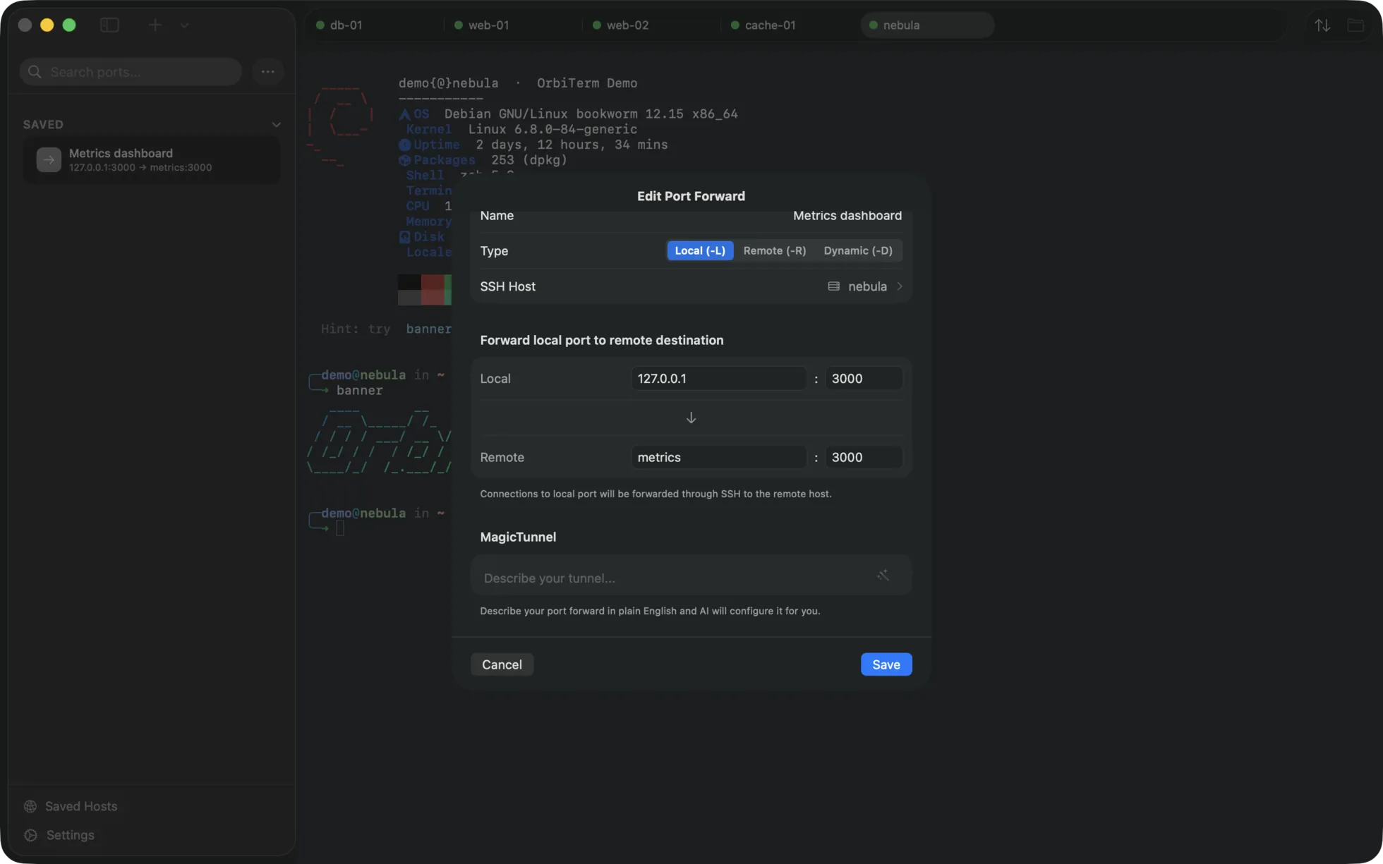 The port forward editor with Local, Remote and Dynamic types, local and remote address fields, and a MagicTunnel box that configures the forward from a plain-English description.