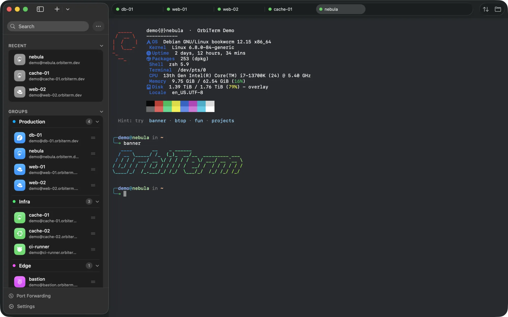 OrbiTerm connected to a host, with a grouped host sidebar on the left and five session tabs across the top.