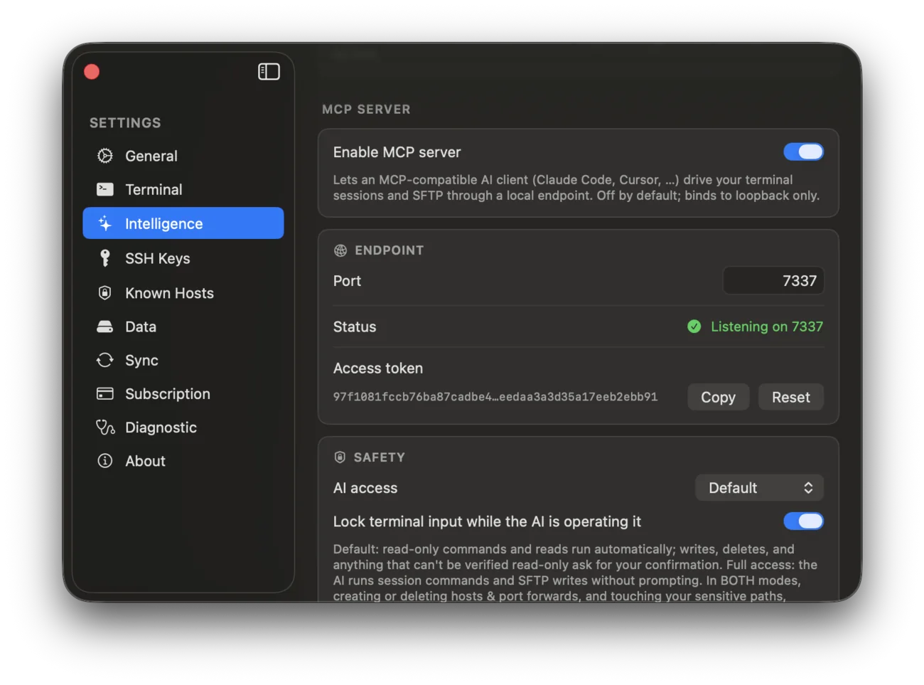 OrbiTerm settings showing the MCP server enabled, listening on port 7337 with an access token and safety options.