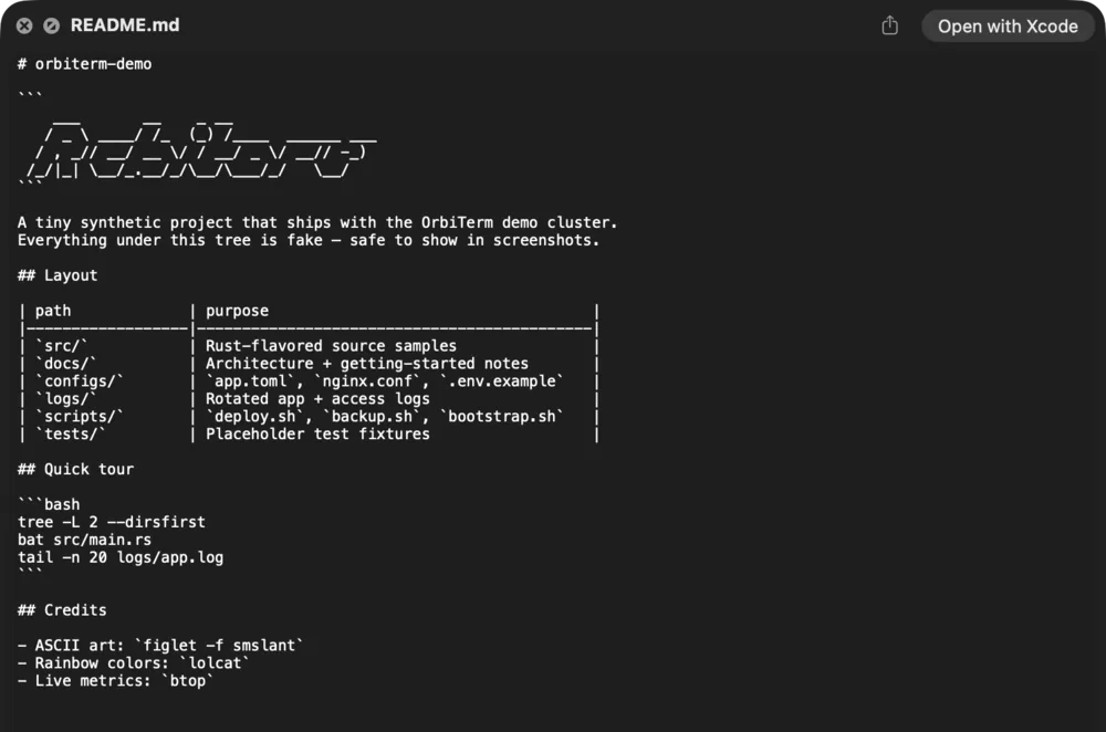 A Quick Look window previewing the remote README.md, floating over the session.