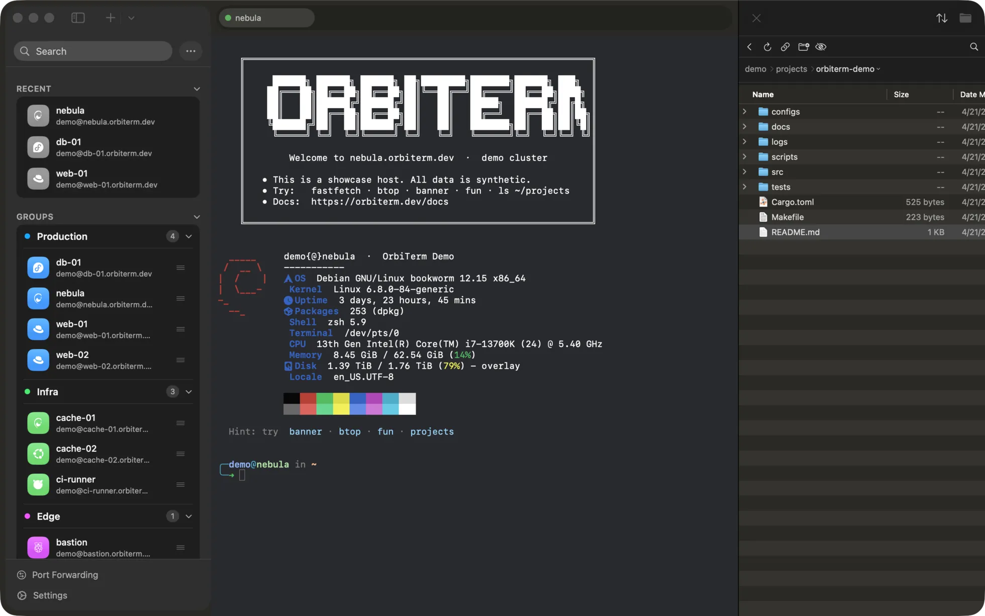 A terminal session with the SFTP file browser open on the right, listing a remote project directory.
